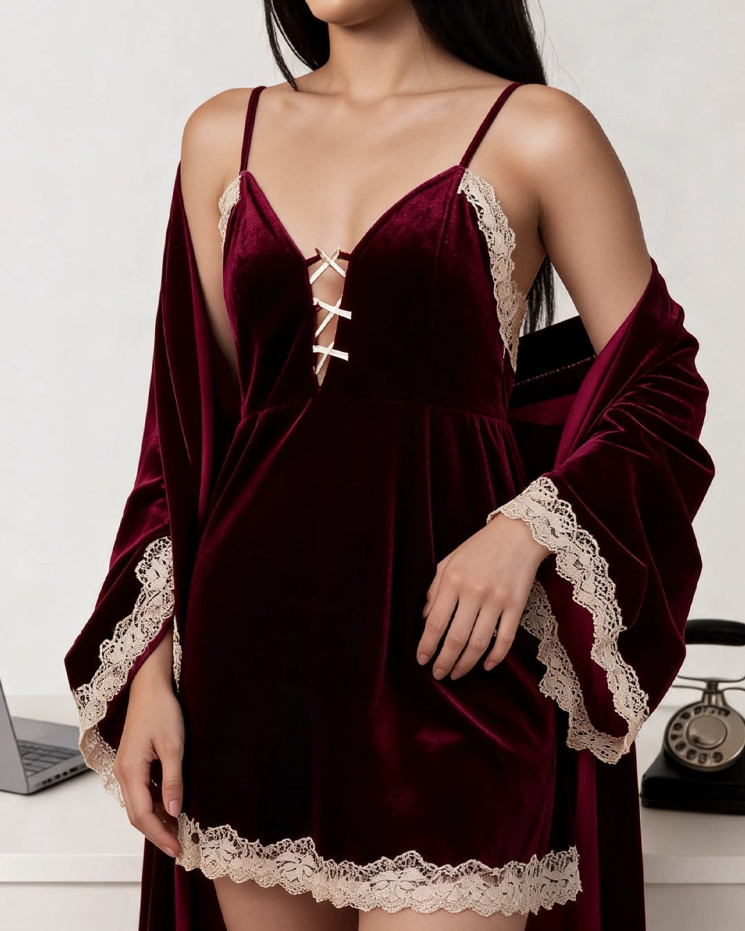 Cherry Chemise Set – slip dress & robe, image 3 of 4
