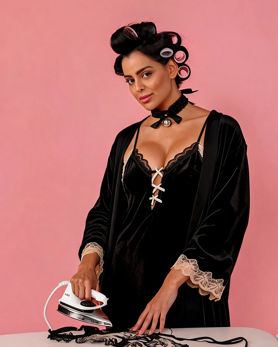 Noir Chemise Set – slip dress & lace robe, image 1 of 4